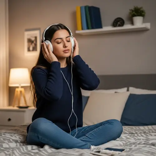 Beautiful Girl with Long Brown Hair Listening to Music on Bed
