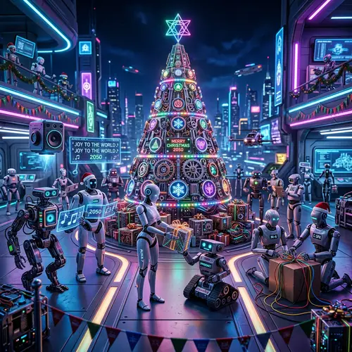 Futuristic Christmas Celebration with Robots in 2050