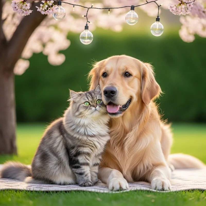 Adorable Cat and Dog Friendship Under Cherry Tree