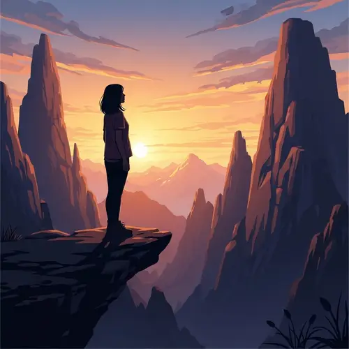 Stunning Mountain Landscape at Sunset with Silhouette of Asian Woman