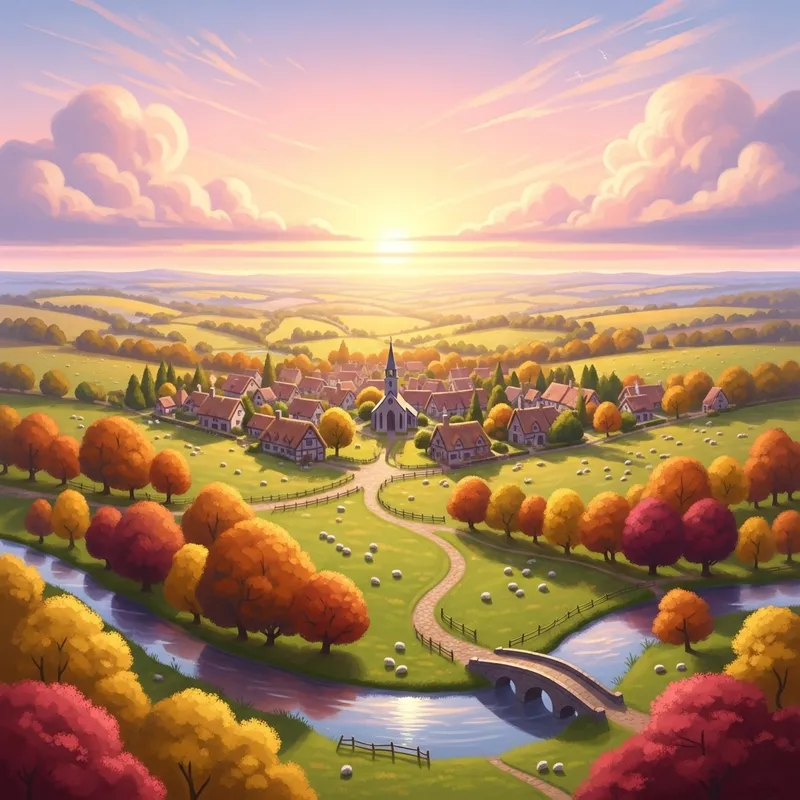 Idyllic Pastel Countryside Village: Aerial Serenity Idyllic Pastel Countryside Village: Aerial Serenity