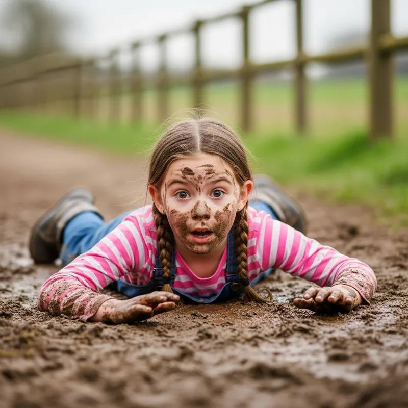 Realistic Illustration: Girl Falls into Cow Dung in Farm Scene