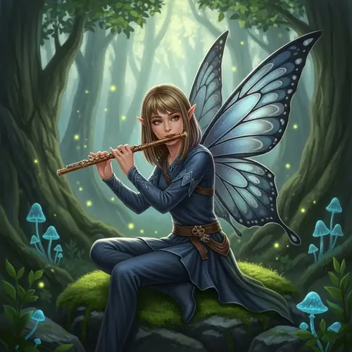 Fairy Bard Playing Flute in Dark Blue Attire