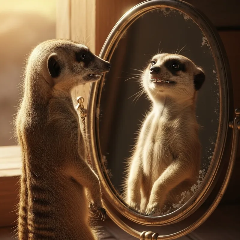 Meerkat with Braces Looking in Mirror