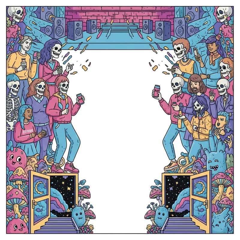 Surreal Cyberpunk Poster: Stage, Interacting People, Cosmic Doors