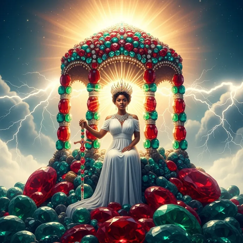 Majestic Black Woman on Emerald and Ruby Mountain | Spiritual Power and Elegance