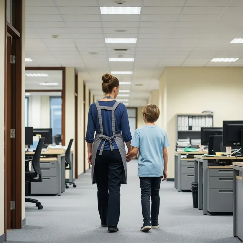 European Cleaning Lady Walking Child in Office Corridor