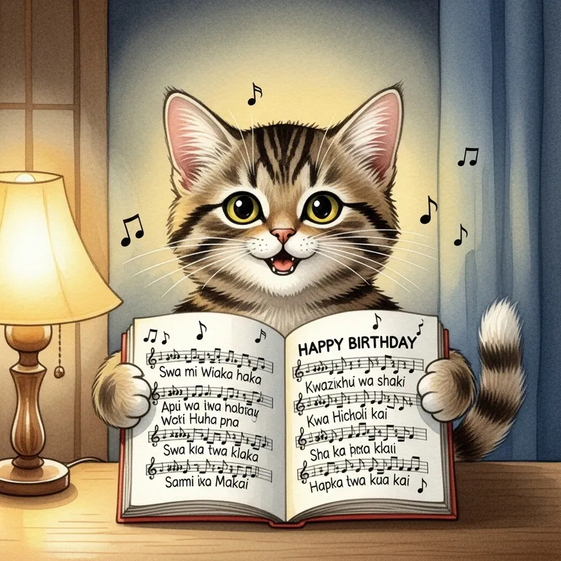 Adorable Cat Singing 'Happy Birthday' in Swahili - Watercolor Art