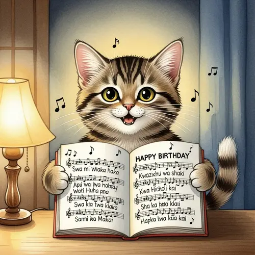 Lovable Tabby Cat Singing 'Happy Birthday' in Swahili - Watercolor Painting