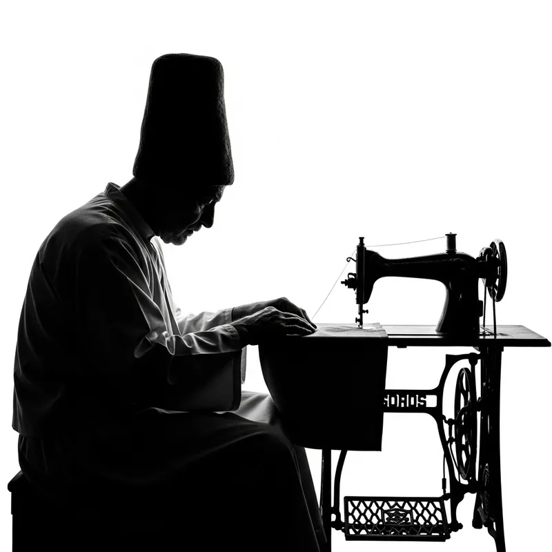 Black and White Silhouette of Elderly Dervish Sewing with Traditional Machine