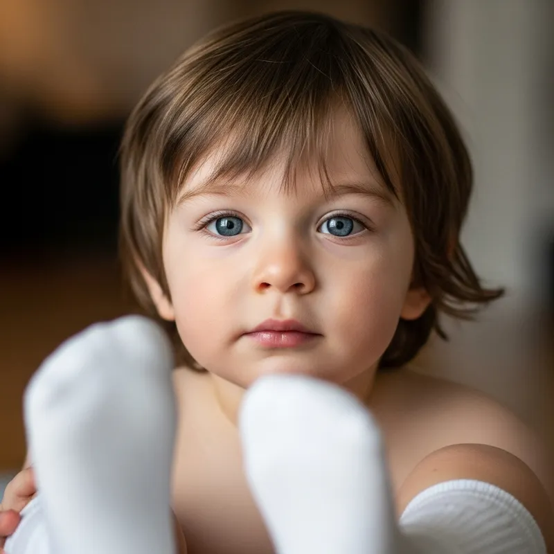 Adorable 2-Year-Old Boy with Blue Eyes, Brown Hair & White Socks