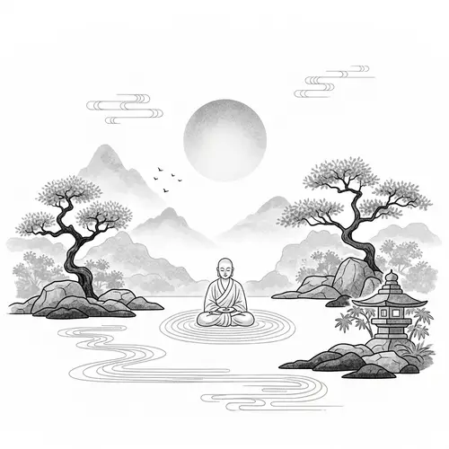 Zen Garden Painting with Meditating Monk