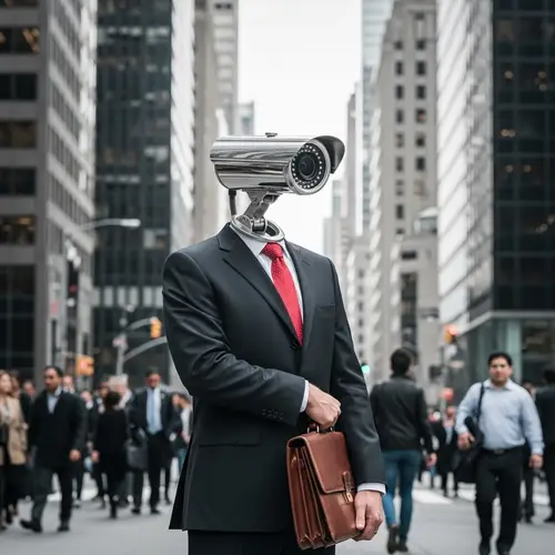 Surreal Businessman CCTV Camera Head | City Street Scene
