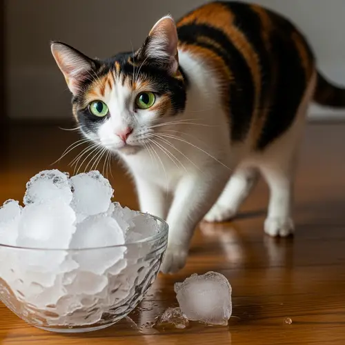 Curious Cat with Ice: Playful Feline in Calico Pattern