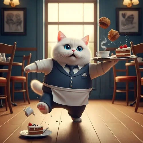 Funny Cartoon Cat Waiter Spilling Coffee - Hyperrealism Art
