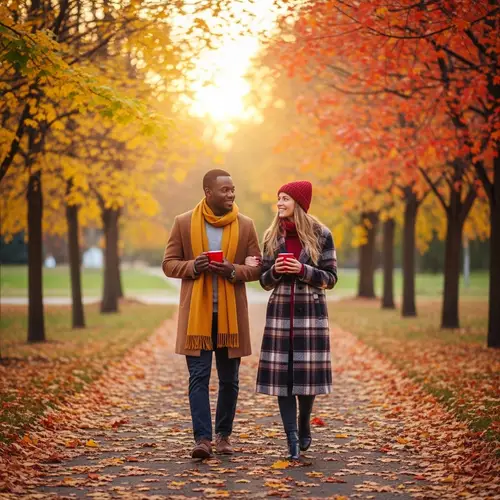 Autumn Stroll: Black Man and Caucasian Woman Walking Among Falling Maple Leaves