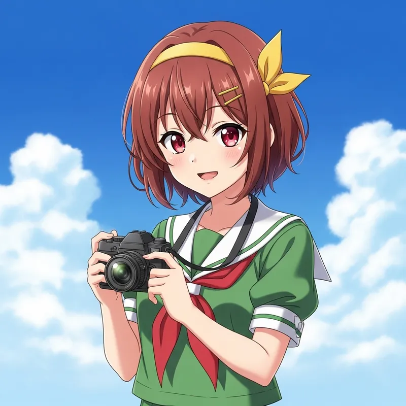 Cheerful Anime Girl with Auburn Hair Smiling | Camera-Ready Pose