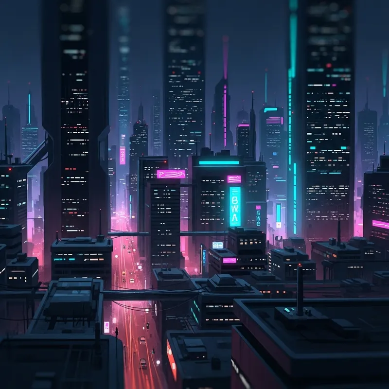 Cyberpunk Cityscape at Night, Futuristic Aesthetics