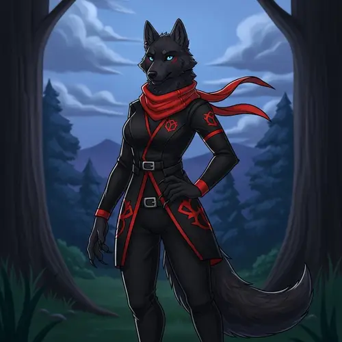 Female Black Wolf Character in Striking Black and Red Outfit