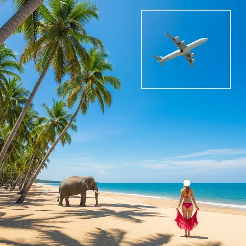 Tropical Beach Scene with Elephant, Palm Trees, and Airplane