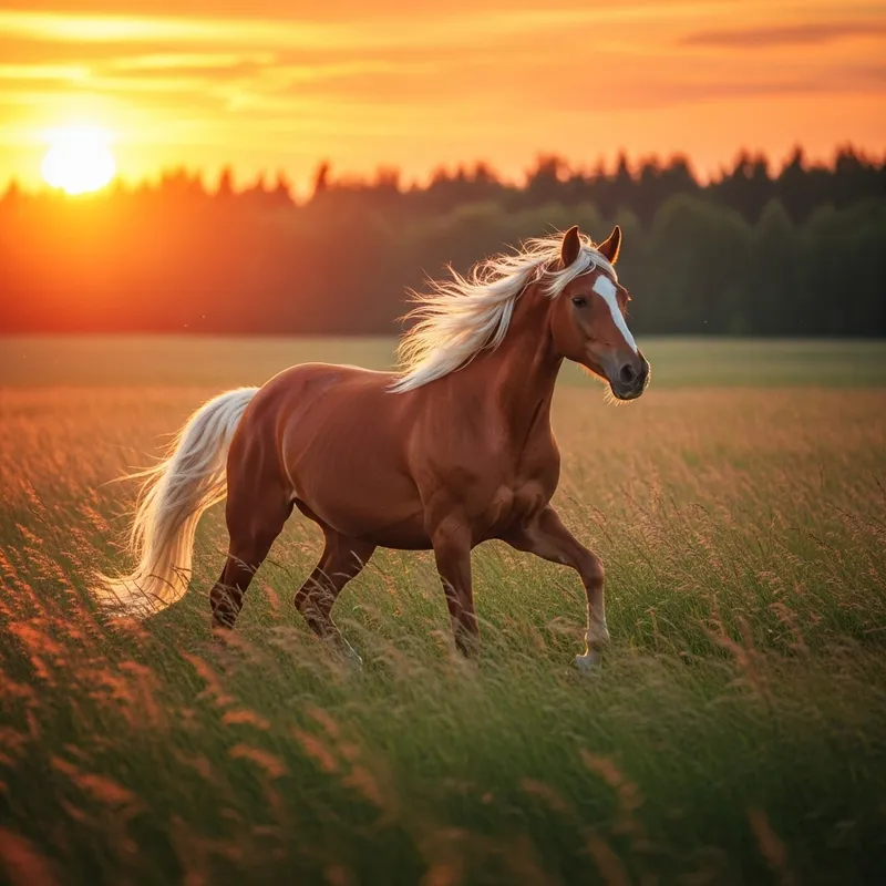 Graceful Chestnut Brown Horse Galloping at Sunset