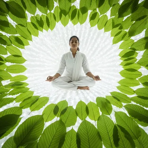 Meditating Girl Surrounded by Green Kratom Leaves in White Room