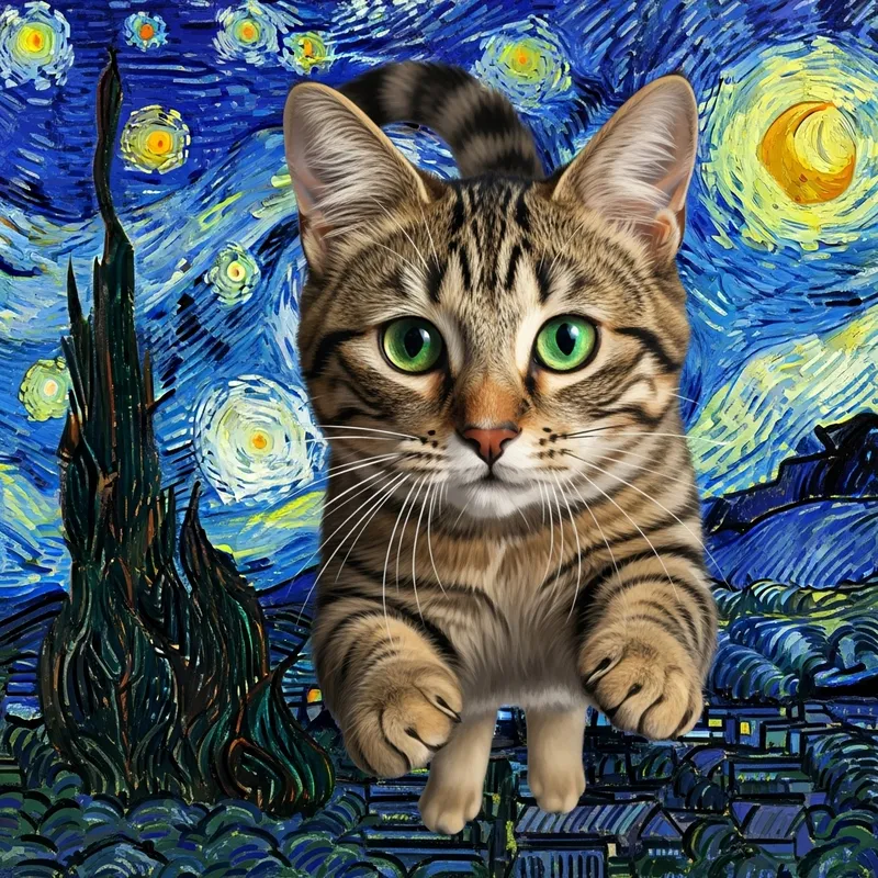 Whimsical Cat Art Inspired by Van Gogh