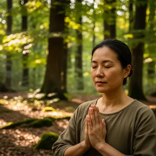 Chinese Woman Praying in Serene Forest - Spiritual Connection