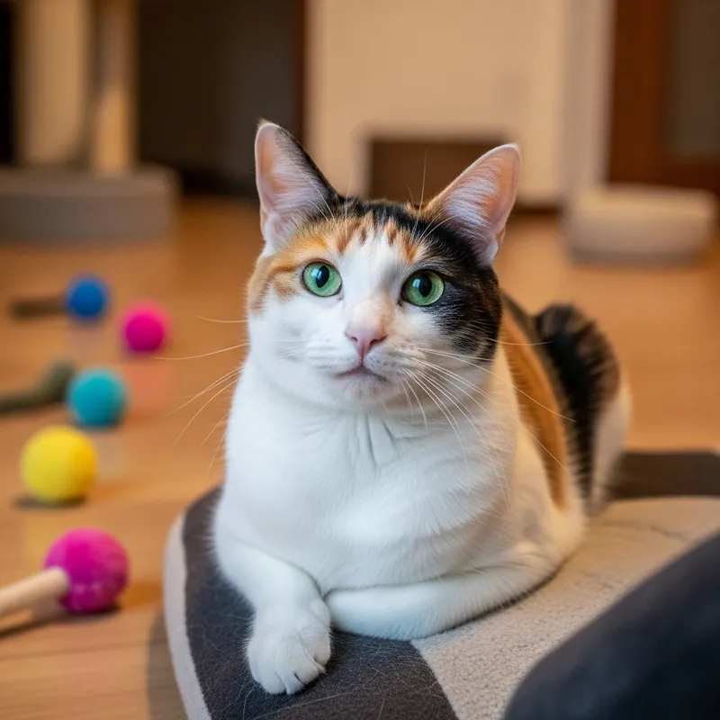 Adorable Multicolored Cat on Cushion | Cute & Curious Adorable Multicolored Cat on Cushion | Cute & Curious