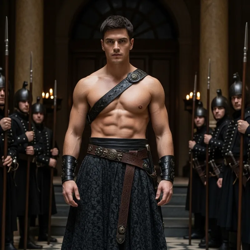 Intriguing Historical Drama: Muscular Prince Confronted by Palace Guards