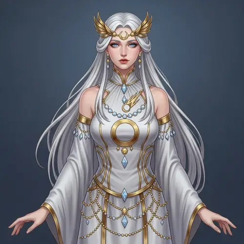 Elegant White Dress with Golden Moon and Comet Symbol