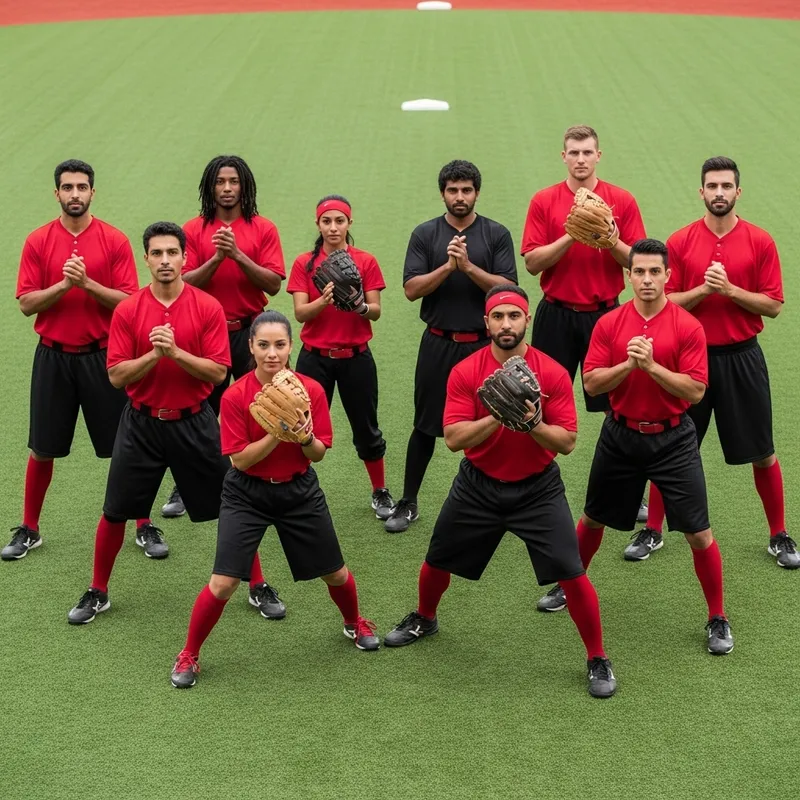 Energized Kickball Team in Red Uniforms with Diverse Heritage