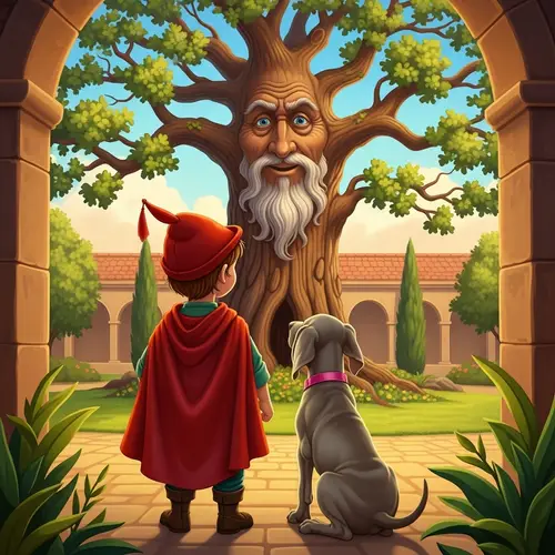 Whimsical Artwork Featuring Boy, Puppy, and Oak Tree