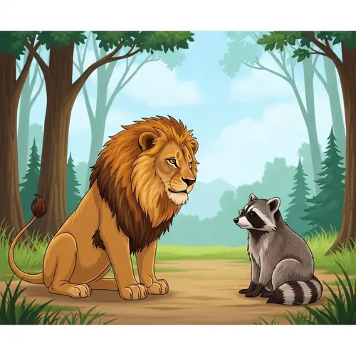 Lion and Raccoon in Peaceful Forest Conversation