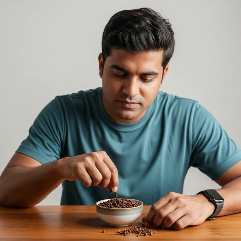 Man Eating Cloves at Wooden Table
