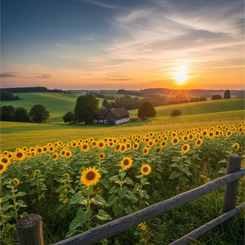 Tranquil Countryside Scene: Green Hills, Farmhouse, Sunflowers