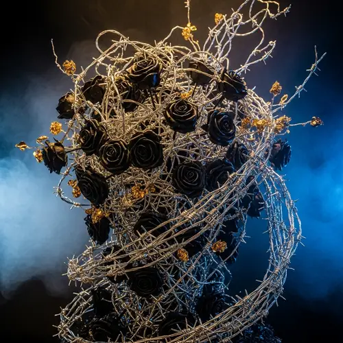 Intricate Coal-Black Rose Sculpture with Chrome Barbed Wire