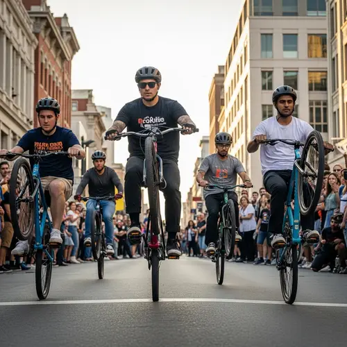 Diverse Bicycle Riders Performing Wheelies in Urban Street Setting