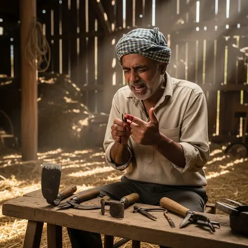 Historic South Asian Worker Painfully Cuts Finger in Rustic Barn