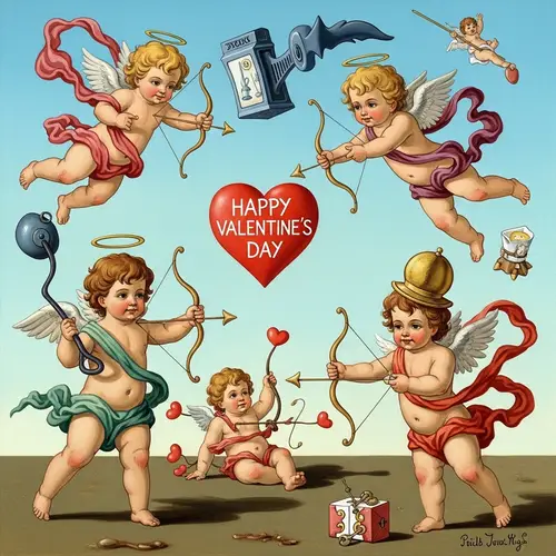 Whimsical Cupid Figures in Surreal Valentine's Day Scene