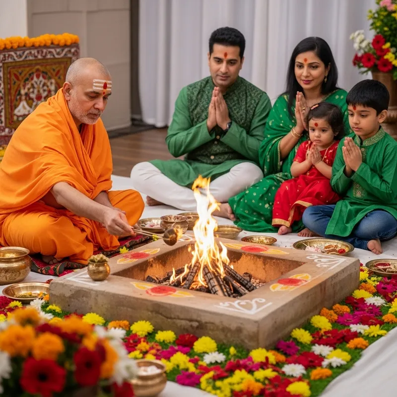 Indian Saint Conducting Sacred Havan Ritual with Devotee Family in Festive Green Attire Indian Saint Conducting Sacred Havan Ritual with Devotee Family in Festive Green Attire