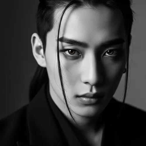 Expressive Young Asian Man with High Ponytail | Black and White Portrait