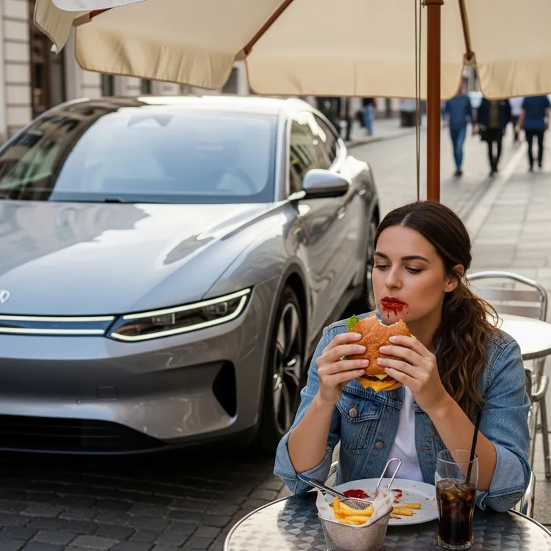 Woman Having Burger Next to Modern Car Outdoors