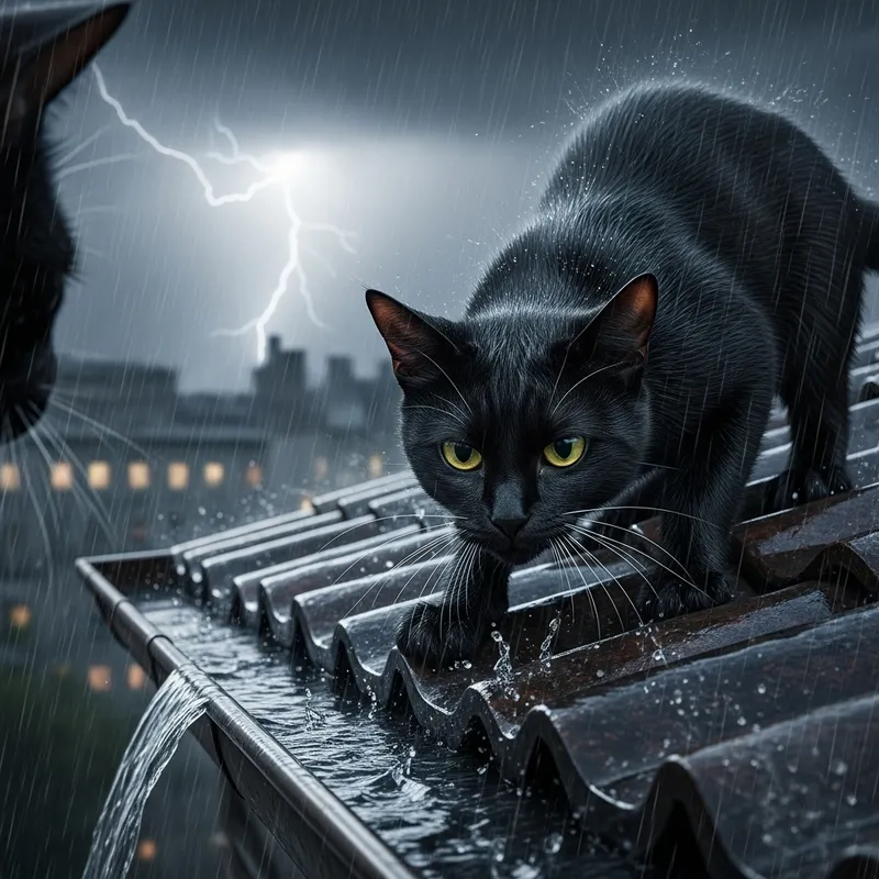 Cat Showdown on a Rooftop in the Rain