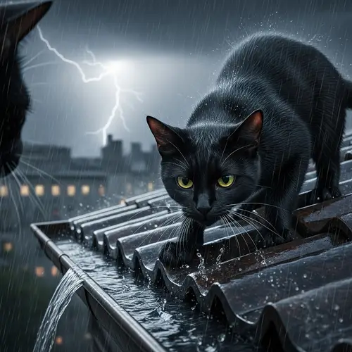 Cat Showdown on a Rooftop in the Rain