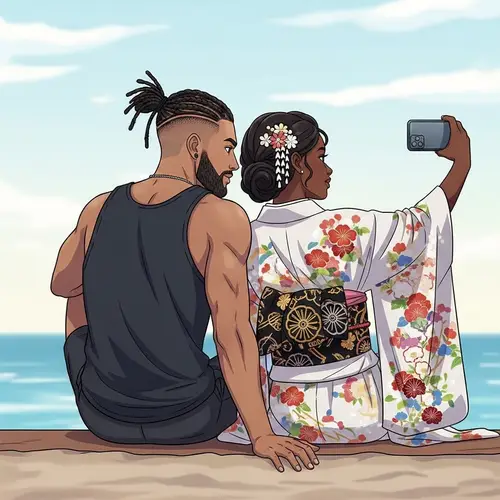 Loving Couple Selfie: Braided Hair Man & Elegant Kimono Woman