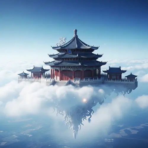 Traditional Chinese Celestial Palace Floating Above Fluffy Clouds