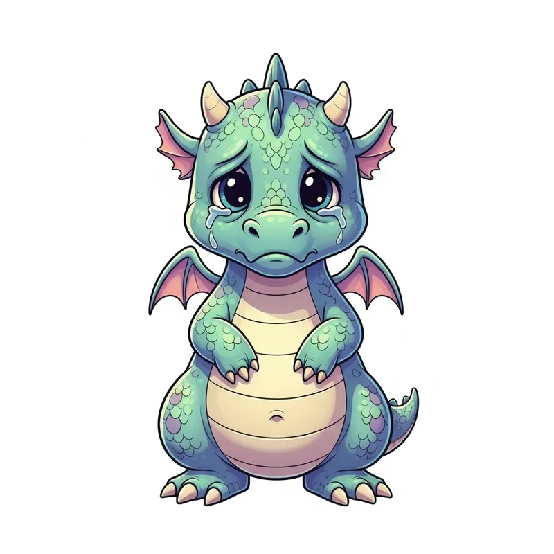 Cute Sad Cartoon Dragon on White Background