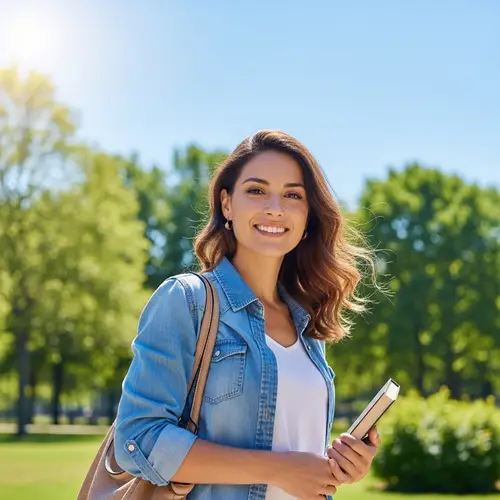 Cute Hispanic Woman in Sunny Park with Book and Handbag