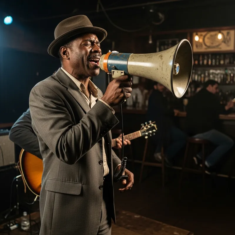 Soulful Blues Singer Performing with Vintage Megaphone